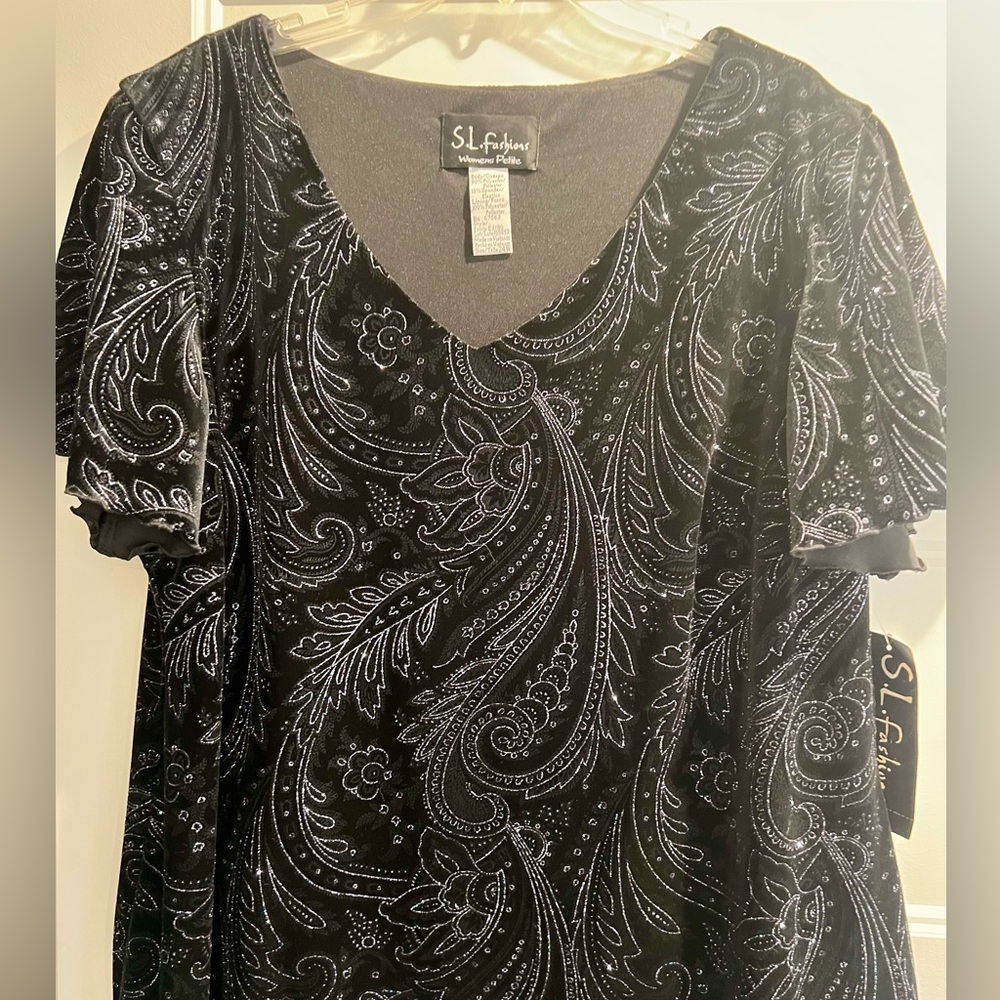 S L Fashions Black Velvet Party Dress Sparkle Tiered Womens 24 Petite Cocktail - Picture 2 of 10